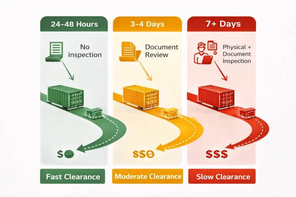 Three customs clearance lanes at Philippines sea port showing green lane 24-48 hours, yellow lane 3-4 days, and red lane 7+ days processing times