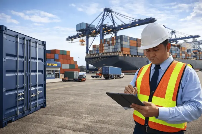 Professional customs broker reviewing cargo documentation at Philippines sea port terminal with shipping containers and gantry cranes in background
