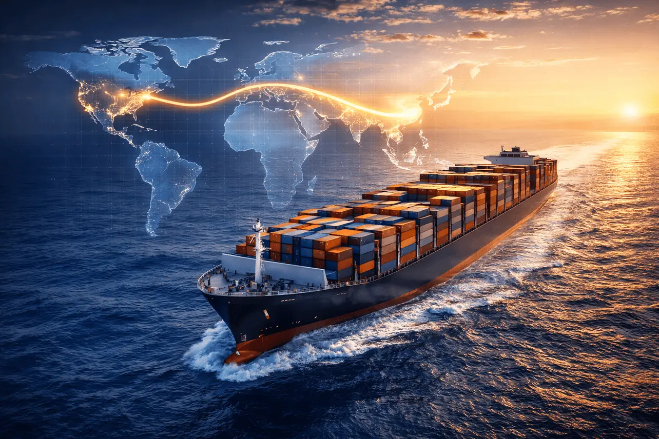 A large container ship sailing on the ocean at sunset with a digital world map overlay showing a glowing trade route from India to the USA.