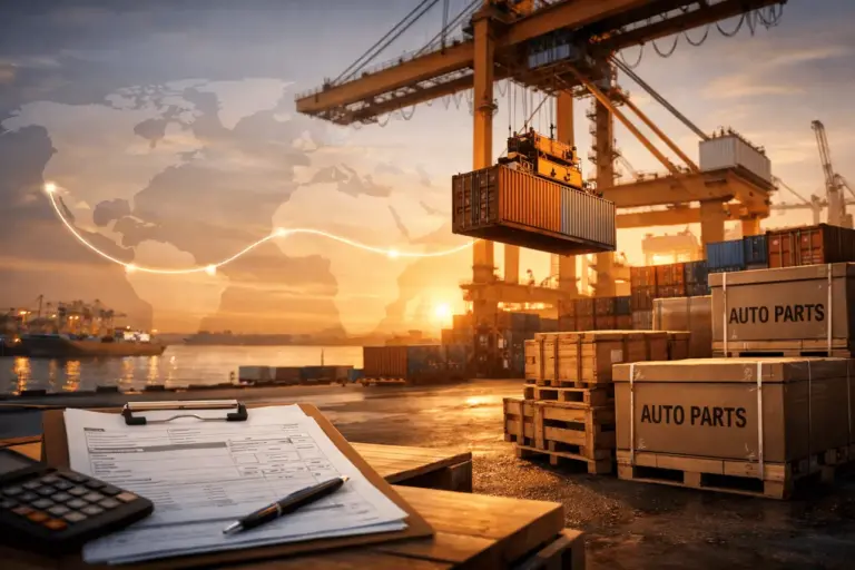 Shipping auto parts from India to Africa: Container terminal at sunset with map overlay showing the export route.