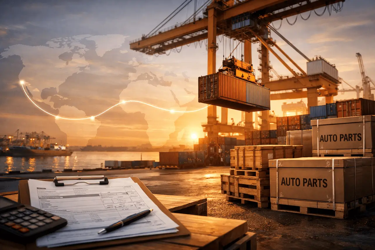 Shipping auto parts from India to Africa: Container terminal at sunset with map overlay showing the export route.