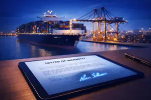 A signed letter of indemnity on a tablet screen with a large cargo ship at a busy nighttime port background.