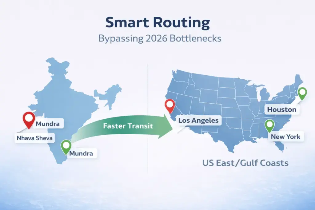 An infographic titled 'Smart Routing: Bypassing 2026 Bottlenecks' showing a map of India highlighting Mundra and Nhava Sheva ports, and a USA map showing Los Angeles, Houston, and New York gateways with a 'Faster Transit' arrow connecting them.