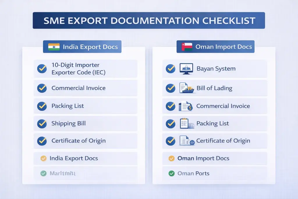 A comprehensive documentation checklist for India-Oman trade featuring IEC code, Commercial Invoice, Shipping Bill, and Oman's Bayan system