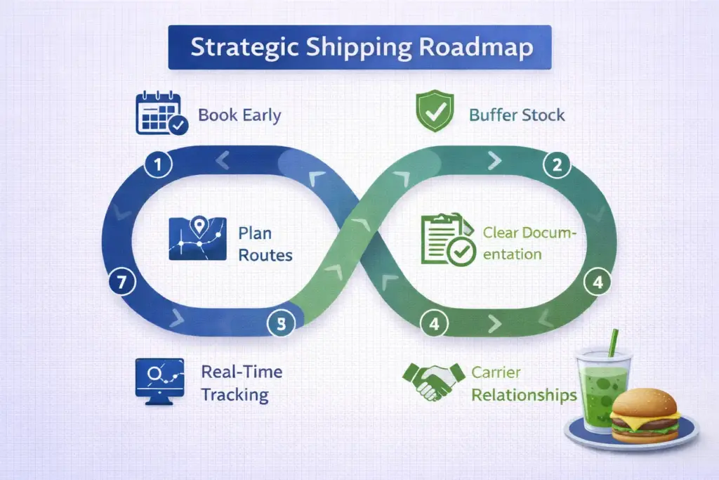 A 'Strategic Shipping Roadmap' infographic illustrating key prevention steps including early booking, building buffer stock, and implementing real-time tracking for importers.​