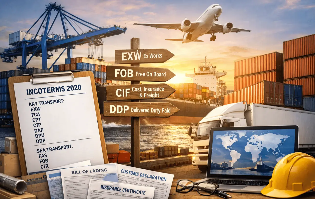 Container ship and port operations illustrating different types of incoterms used in international freight and customs clearance.