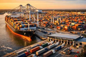 Customs clearance process infographic showing arrival, document review, inspection decision, payment and cargo release steps