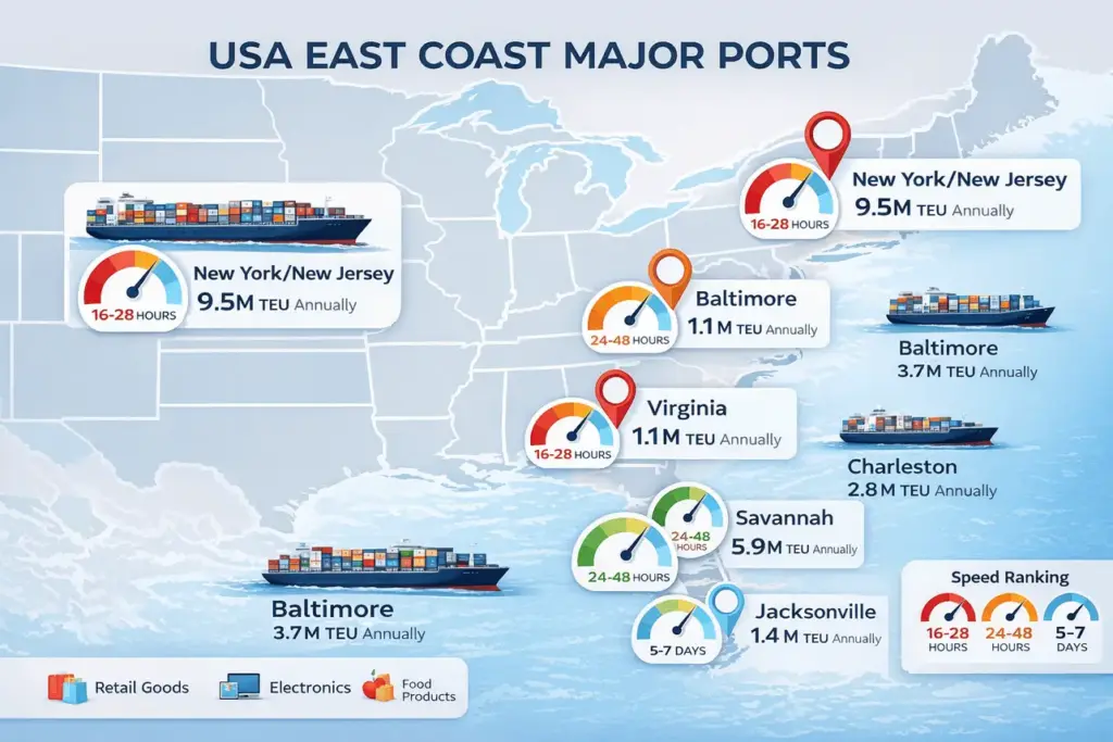 Infographic map showing major USA East Coast ports with annual TEU volume and customs clearance speed rankings