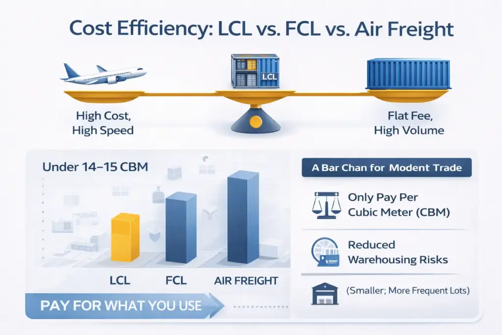 A step-by-step process flow infographic for booking economical LCL freight, covering CBM measurement, transparent quotes, consolidation, and packing.