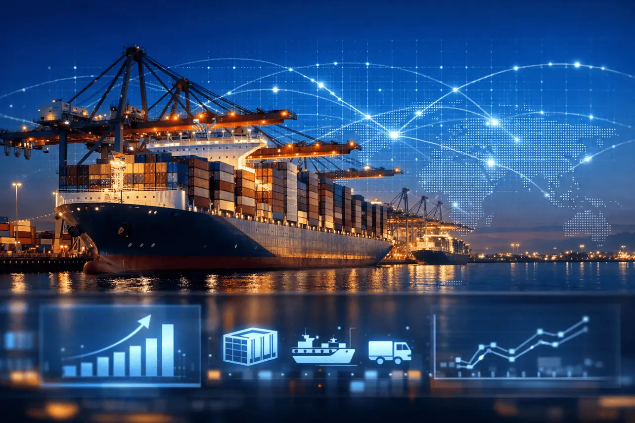 A modern container ship at a high-tech port terminal at night with digital overlays of global trade routes and data analytics graphs.