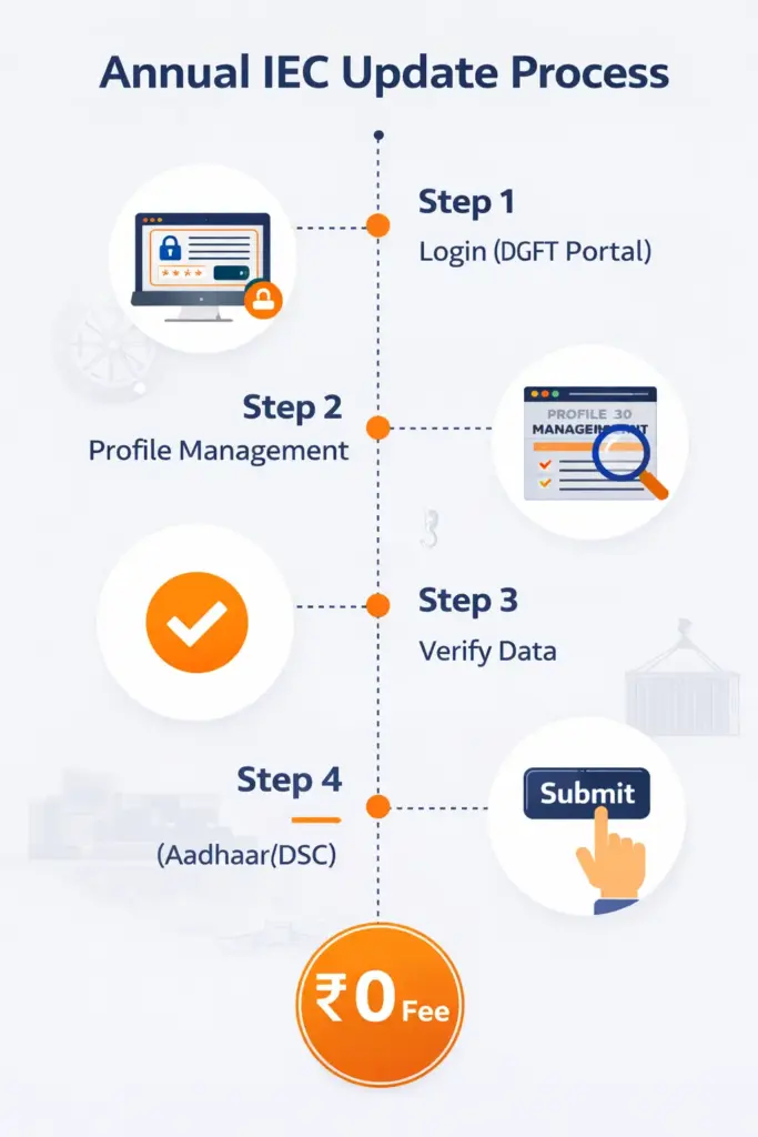 A 4-step infographic guide explaining the annual IEC update process on the DGFT portal, highlighting the mandatory April to June window and the ₹0 government fee.