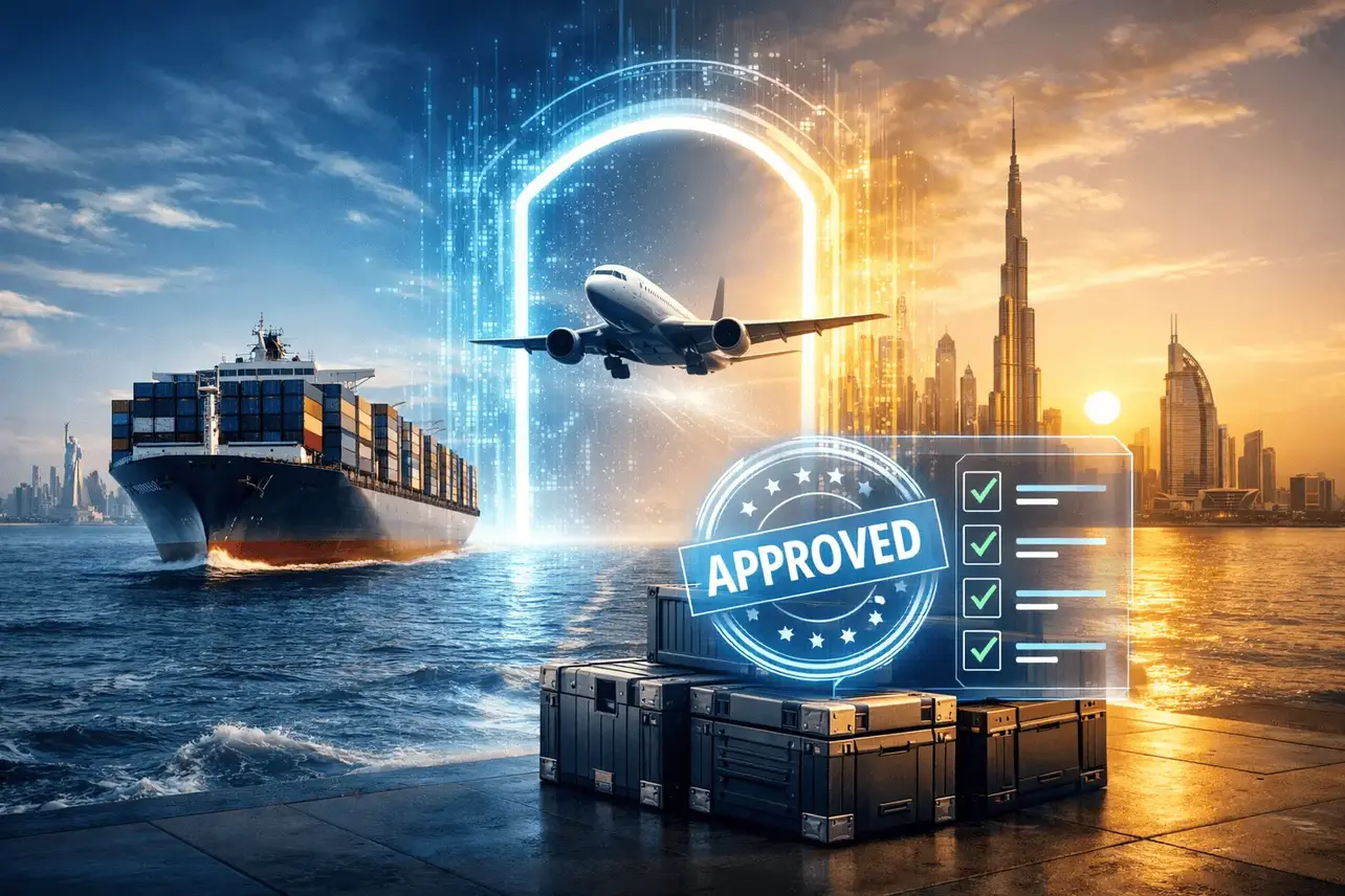 A professional digital illustration of a cargo ship and plane traveling from the USA to Dubai, featuring a holographic "Approved" customs checklist over the Dubai skyline.