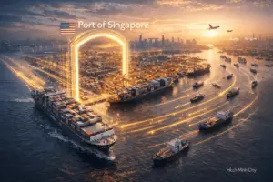 A cinematic 3D render of the Port of Singapore at sunset, showing a large US cargo ship entering a glowing digital gateway with smaller feeder vessels departing toward Jakarta and Bangkok
