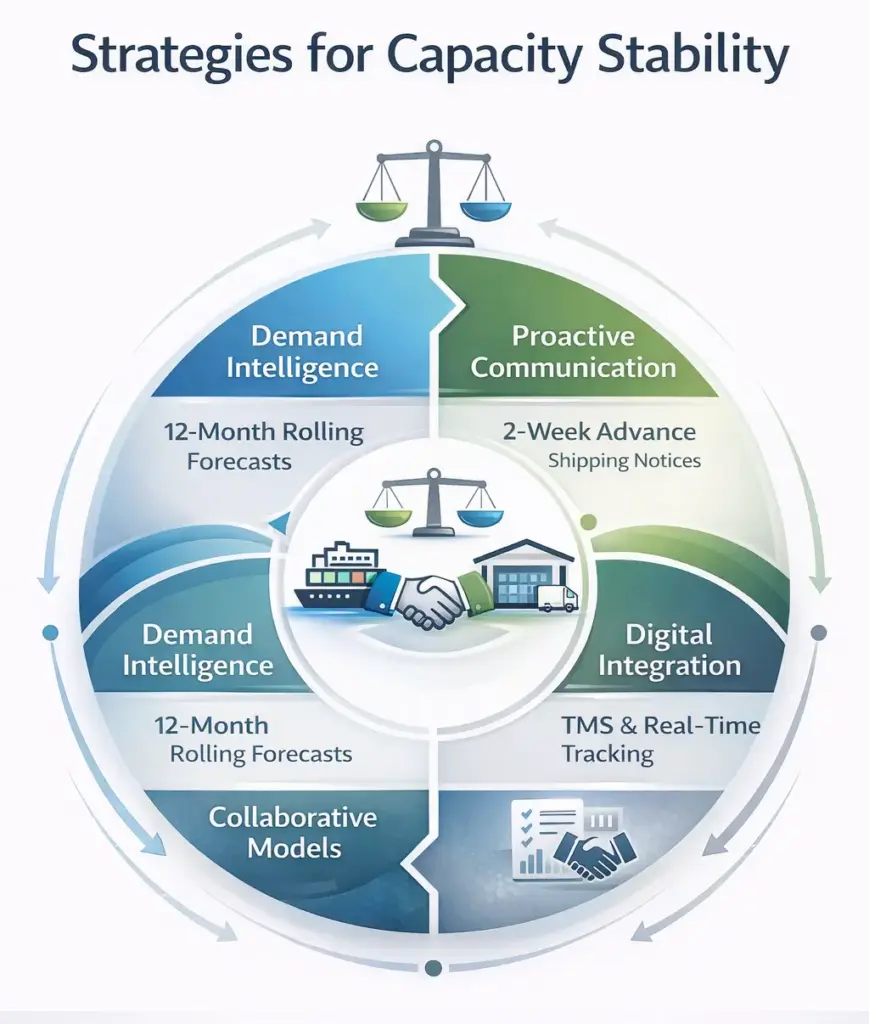 A circular infographic showing four strategies for capacity stability: Demand Intelligence, Proactive Communication, Digital Integration, and Collaborative Models.