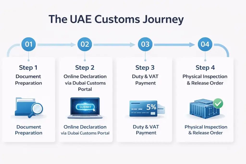 Infographic illustrating the 4-step UAE customs journey: document preparation, online declaration via Dubai Customs portal, duty and VAT payment, and physical inspection.