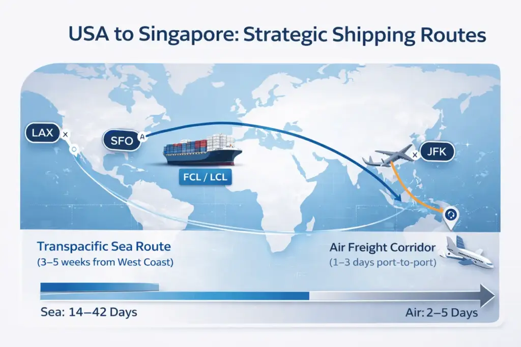 An infographic map titled "USA to Singapore: Strategic Shipping Routes" showing sea routes from LAX and SFO (3-5 weeks) and air freight corridors from JFK (1-3 days) to Singapore